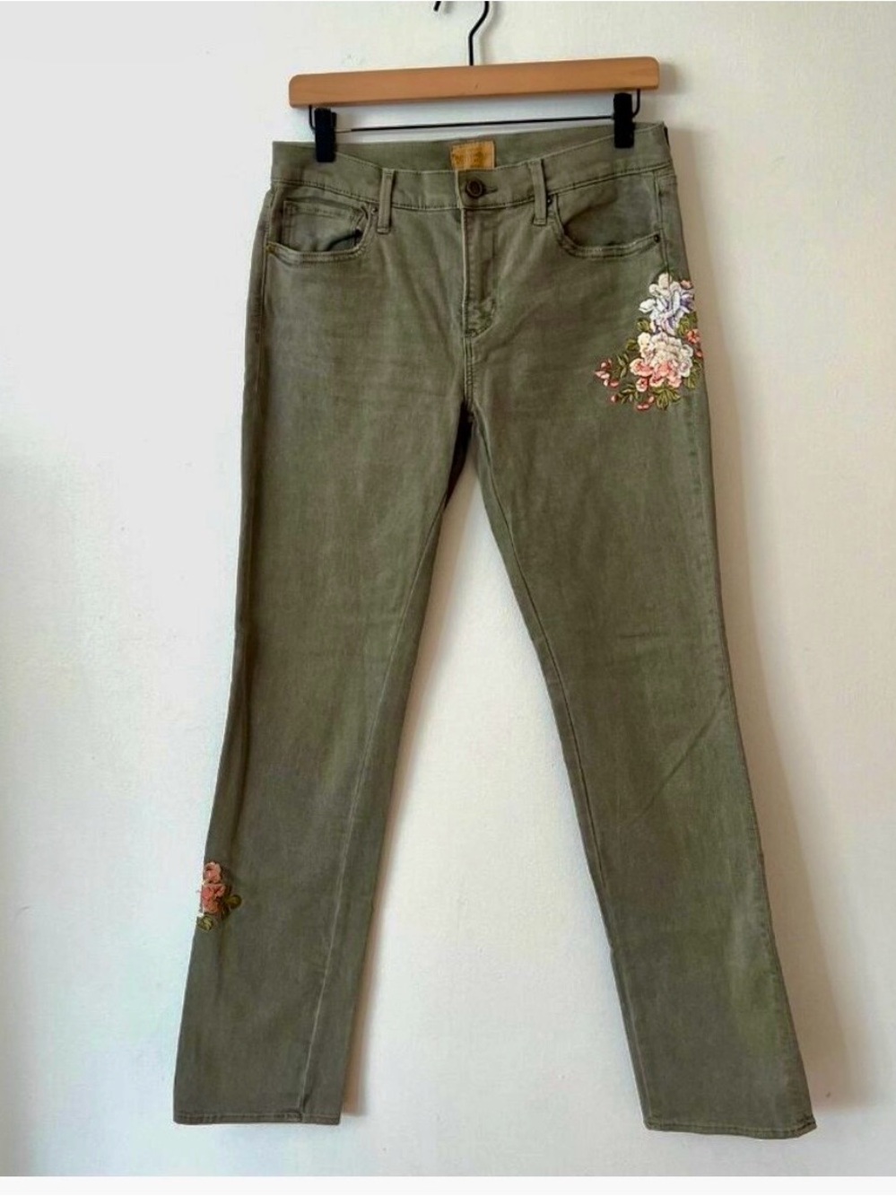 Driftwood Audrey Classic Straight Green Floral Embroidered Jeans Women's SIze 29